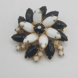 Vintage Rhinestone Brooch Black White Gold‎ Tone Open Back Layered